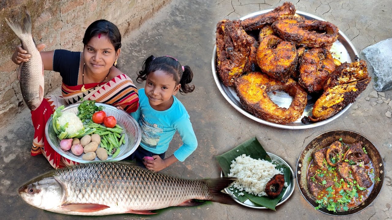 BIG ROHI FISH curry recipe with Healthy Vegetables Cooking and eating Village style |village life