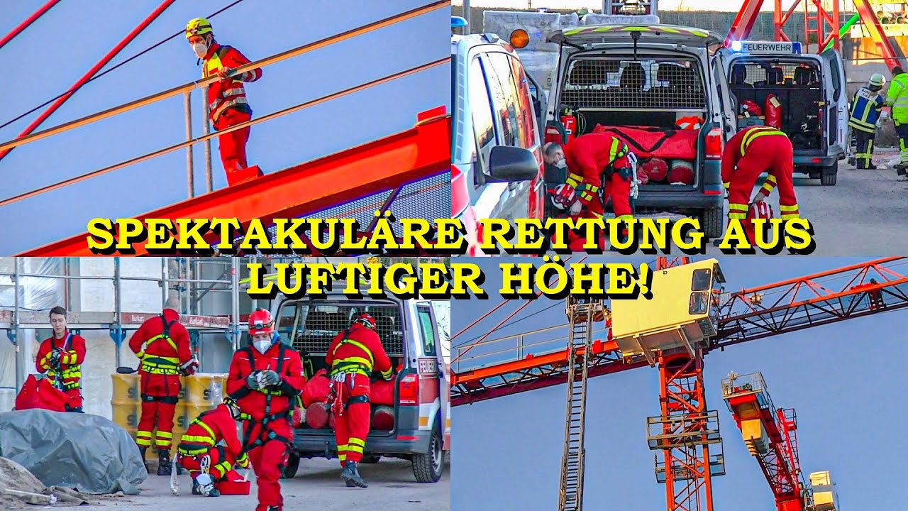[Spektakuläre Rettung aus luftiger Höhe] - Notfall auf Baukran in 30 Metern Höhe - | Feuerwehr