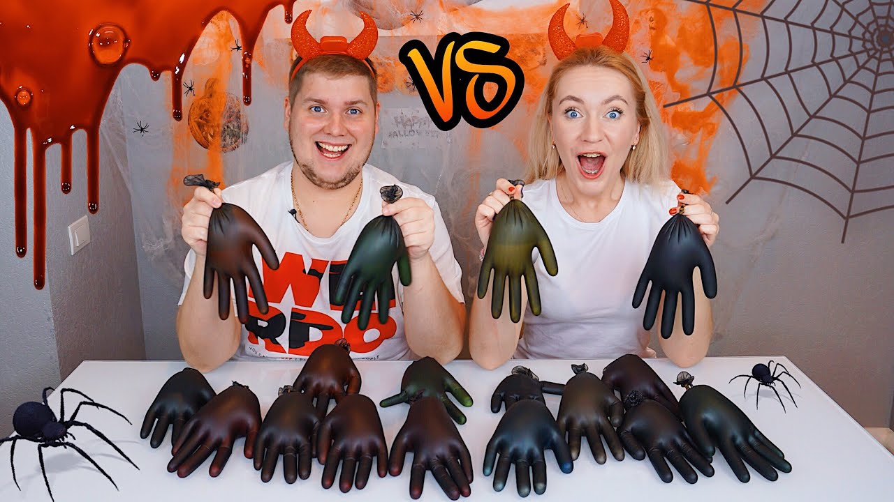 3 ЦВЕТА КЛЕЯ В ЧЕРНЫХ ПЕРЧАТКАХ СЛАЙМ ЧЕЛЛЕНДЖ на ХЭЛЛОУИН 🧟3 COLORS OF GLUE SLIME GLOVES CHALLENGE