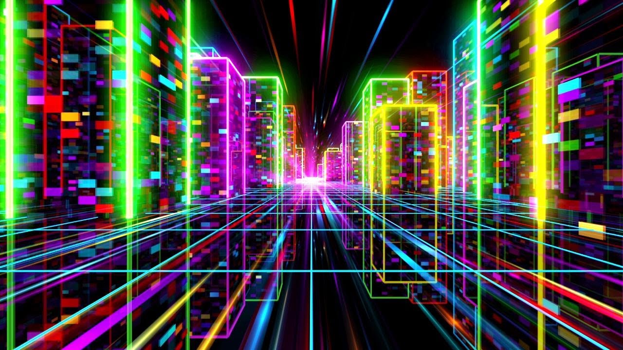 4K Screensaver | Flying Over a Colorful Neon City – Futuristic Night Ambience | 8 Hours (No Sound)