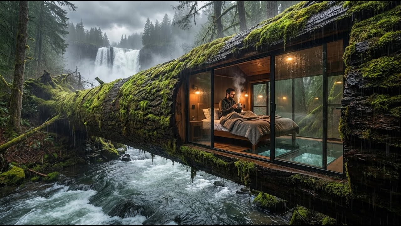 Building A Secret Room Inside A Tree Trunk Over A Waterfall (ASMR)