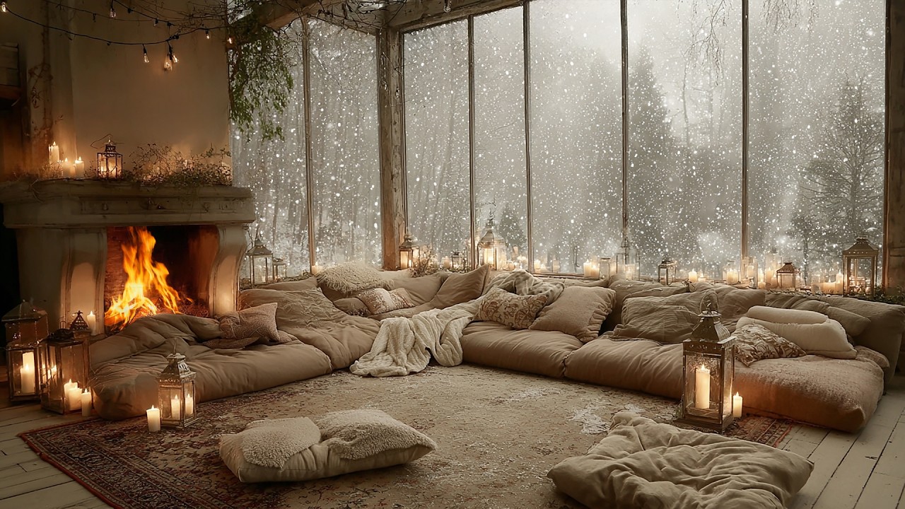 Warm Winter Cabin Vibes ❄️ Soft Piano, Fireplace & Snow Sounds for Sleep & Stress Relief