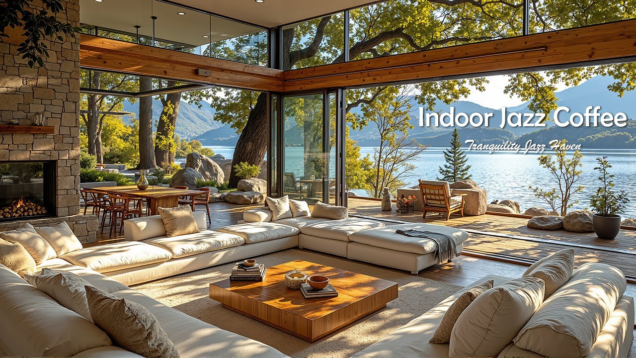 Warm Indoor Jazz Coffee For Relieve Stress | Tranquil Jazz Music With Great Lake View For Working
