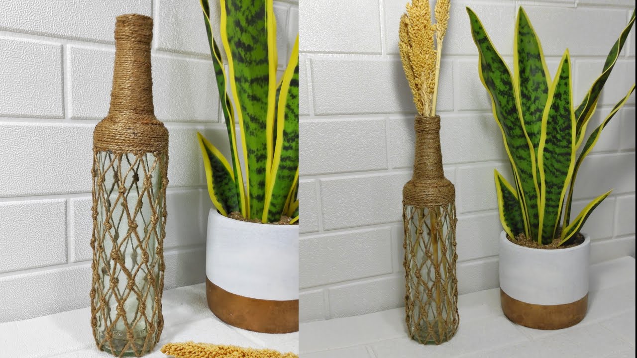 DIY glass bottle decoration / diy Jute knot bottle/Home decoration ideas- Menghias botol bekas sirup