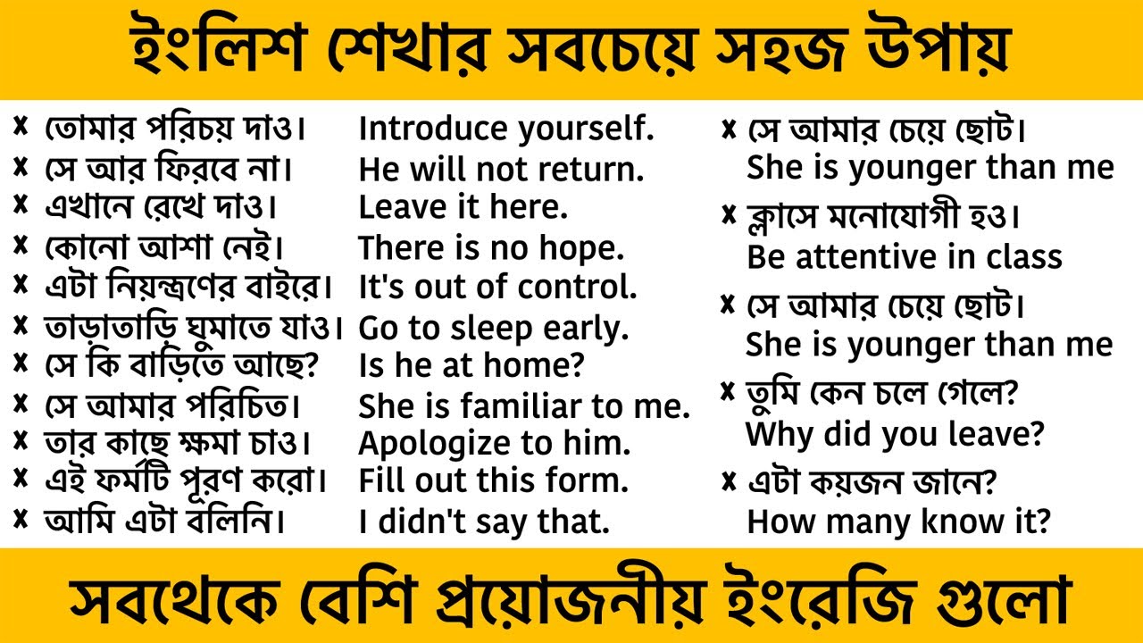 সবথেকে বেশি ব্যবহৃত ছোট ছোট ইংরেজি বাক্যগুলো | Common English sentences for beginners, BD to English