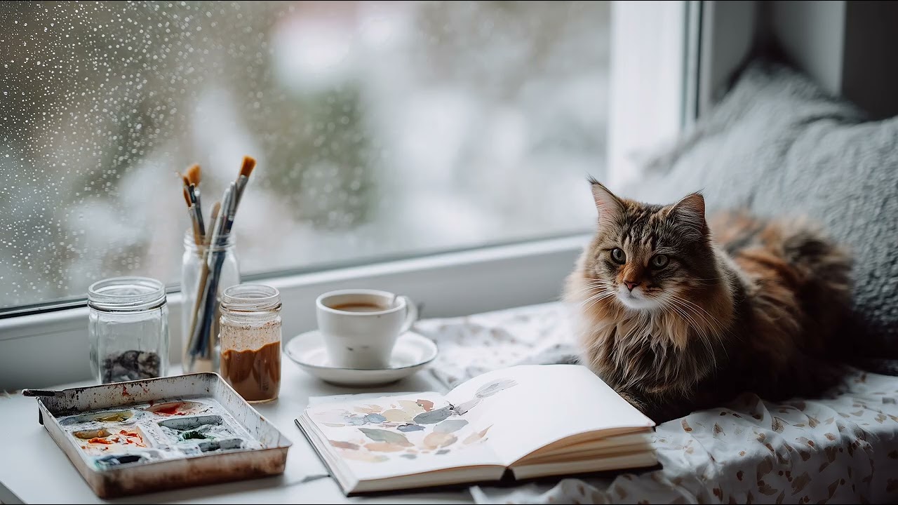 Rain Sounds for Studying | Cozy Art Studio with Cat | Relaxing Rain Ambience (1 Hour)