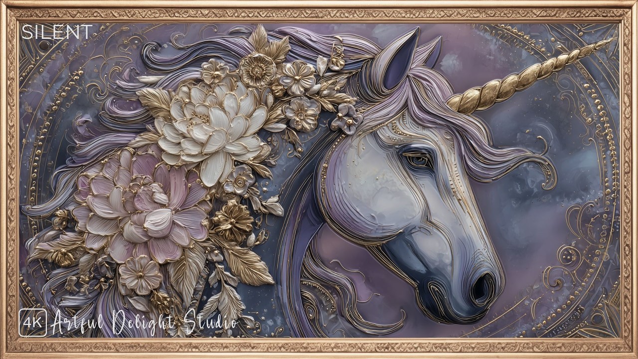 Unicorn Metal Art | Frame TV Art 4K | TV Screensaver | Gold Frame | Silent