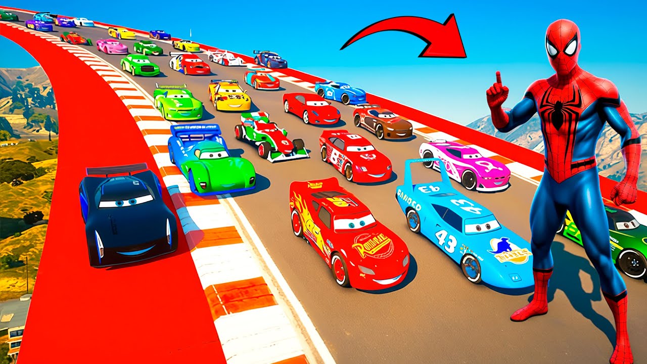 SPIDERMAN McQueen Friends CARS MEGA RAMP ! SUPERHEROES IRON MAN vs FLASH and SONIC Sea Jump - GTA 5