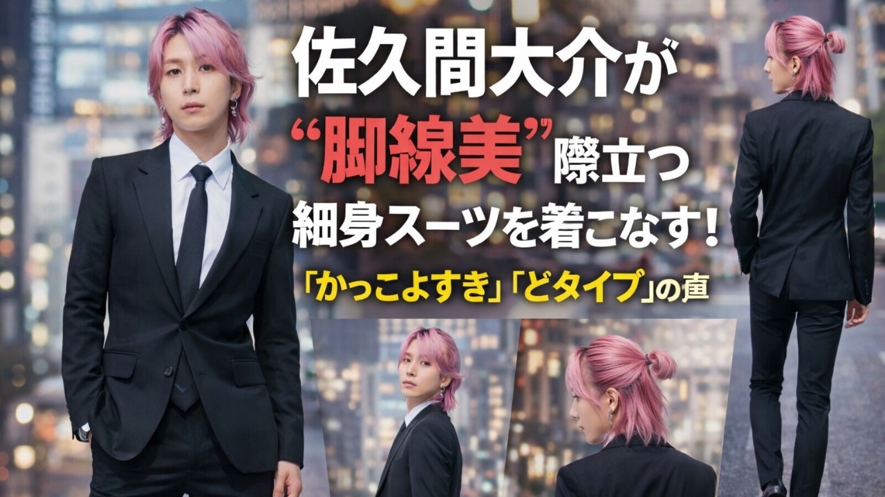 佐久間大介、“脚線美”際立つ細身スーツ姿を披露！ハーフアップ×全身ショットに絶賛の声「かっこよすぎ」「どタイプ」#佐久間大介, #SnowMan, #スーツ姿