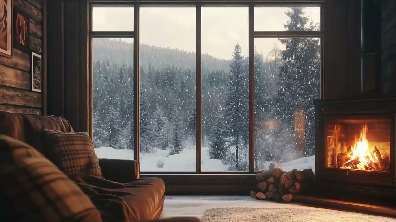 Cozy Winter Vibes ❄️ | Falling Snow & Crackling Fireplace Sounds