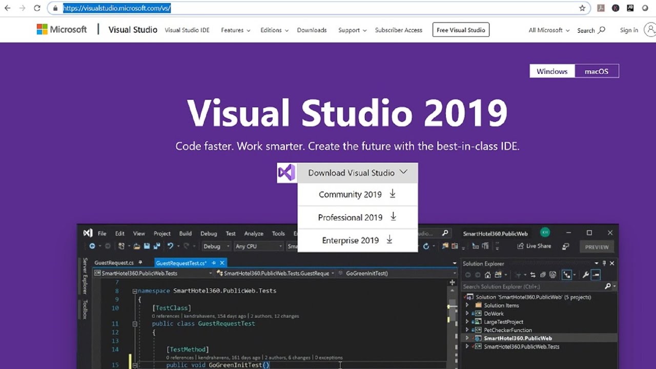 Скачать бесплатную версию Visual Studio Community 2019 с официального сайта Microsoft