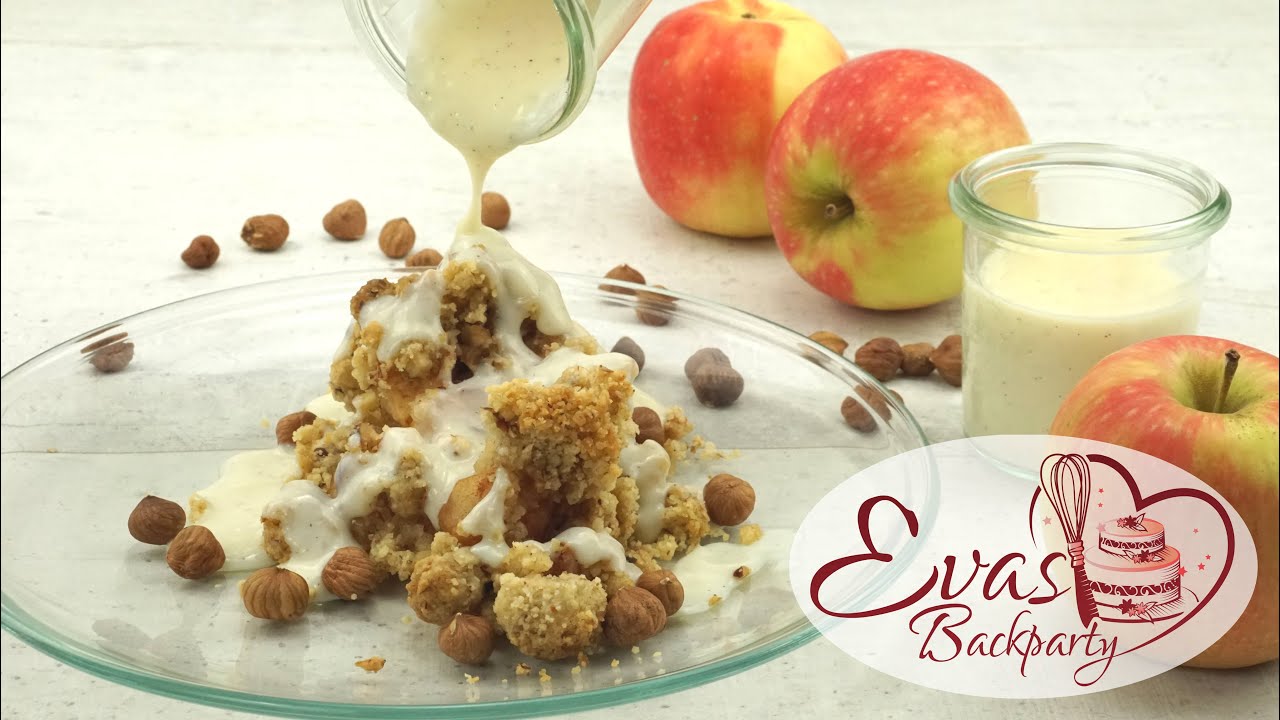 Apfel-Crumble mit Vanillesoße und Haselnuss / schnelles Herbst-Rezept / Backen evasbackparty