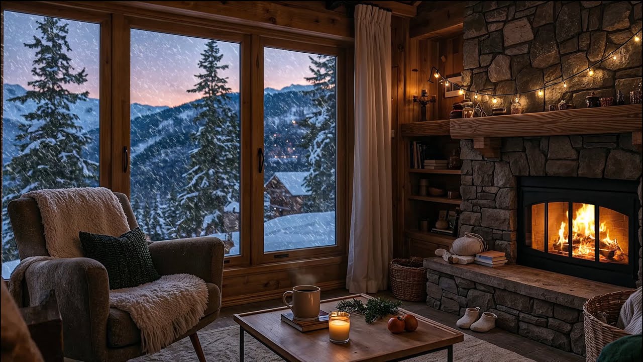 Cozy Snowy Cabin Fireplace With Mountain View ❄️🔥 | 1 HOUR Relaxing  Winter Ambience