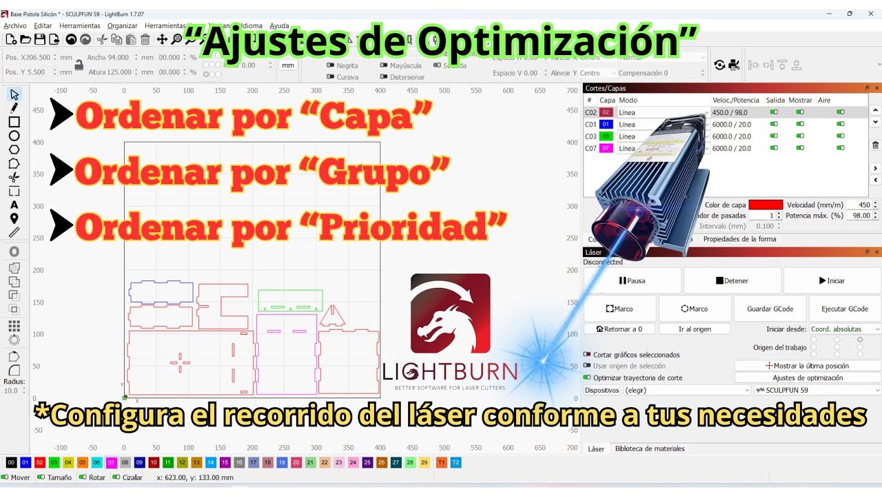 🔥LIGHTBURN🔥 Ajustes de Optimización | ¿Cómo configurar las prioridades para corte láser?