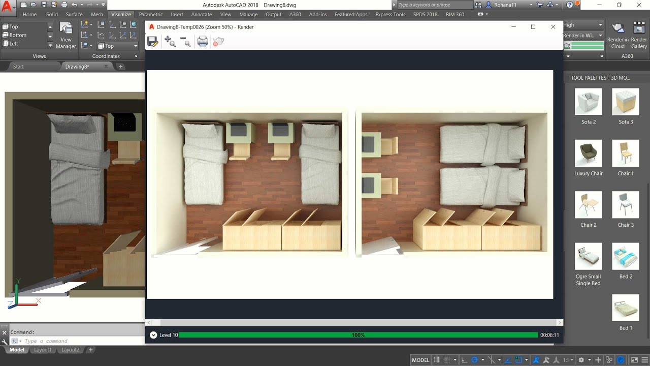 3D Twin Small Bedroom Layout  | AutoCAD