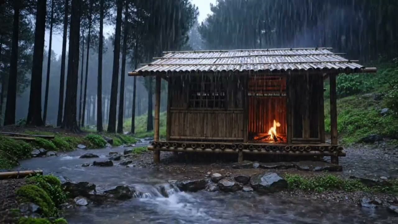 Heavy Rain Falling on a Cozy Bamboo Cabin by the Forest Stream with Warm Fireplace Glow for Deep Sle
