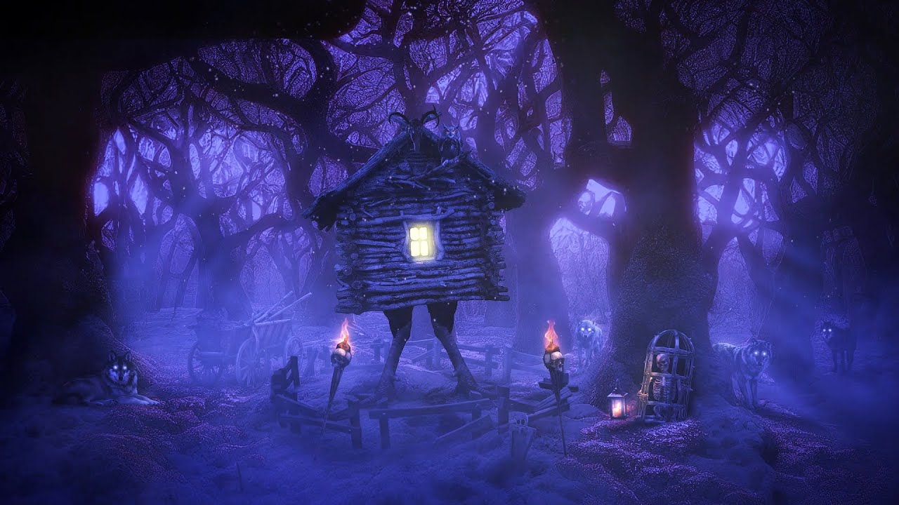 💀 BABA YAGA'S CREEPY WITCH HUT AMBIENCE | Haunted Forest Sounds, Torch Fire Crackling | Spooky ASMR