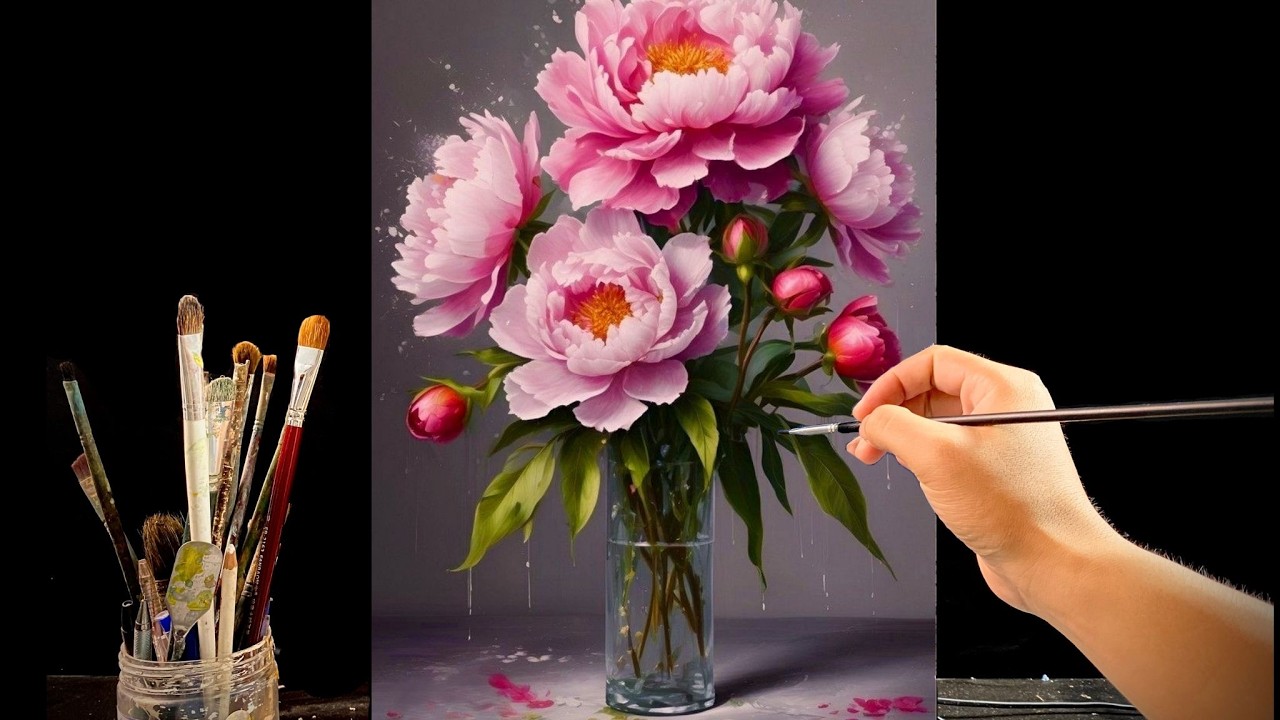 🎨 Painting Gorgeous Pink Peonies in a Glass Vase | Relaxing Acrylic Flower Art | #129