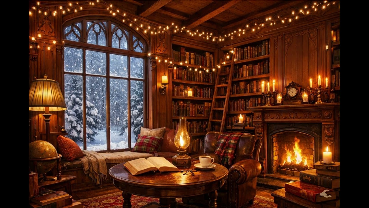 Cozy Library Ambience with Fireplace & Snowfall ❄️ Winter Reading Room for Relaxation, Study & Sleep