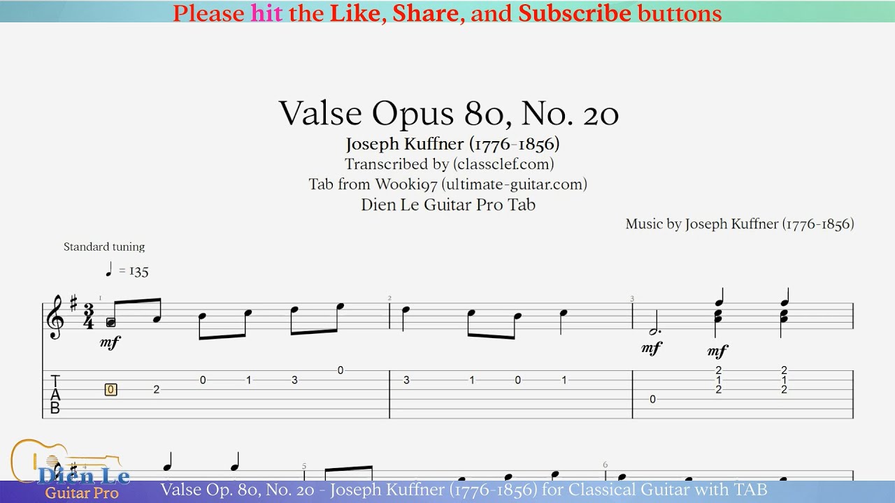Valse Op. 80, No. 20 - Joseph Kuffner (1776-1856) for Classical Guitar with TAB