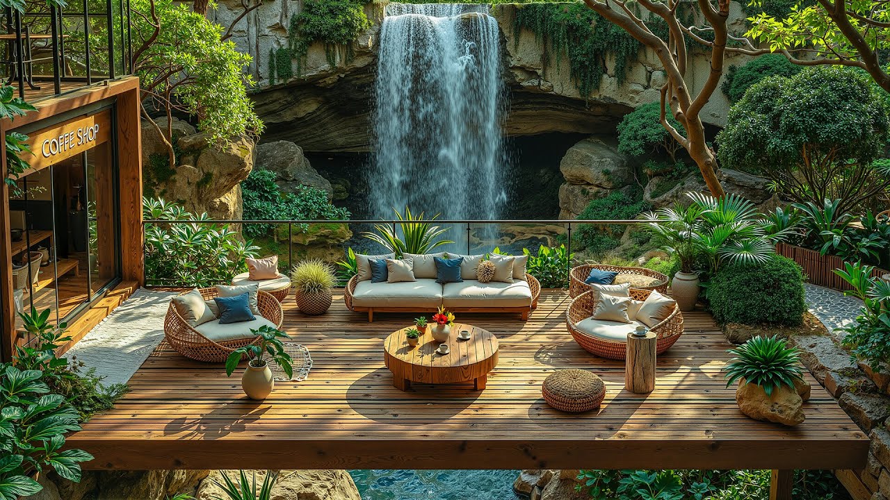 Refreshing Morning Coffee Shop Jazz by the Forest Waterfall 🌿 Smooth Jazz for Focus and Relaxation