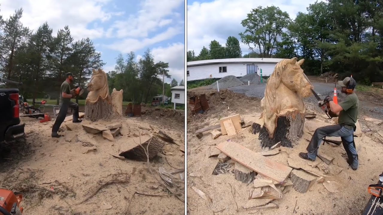 Chainsaw carving horses. Fun time carving something different.
