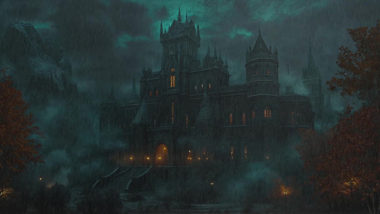 No Ads | Spooky Haunted Castle Ambience 👻🌩️ | Rainstorm, Thunder & Eerie Halloween Night