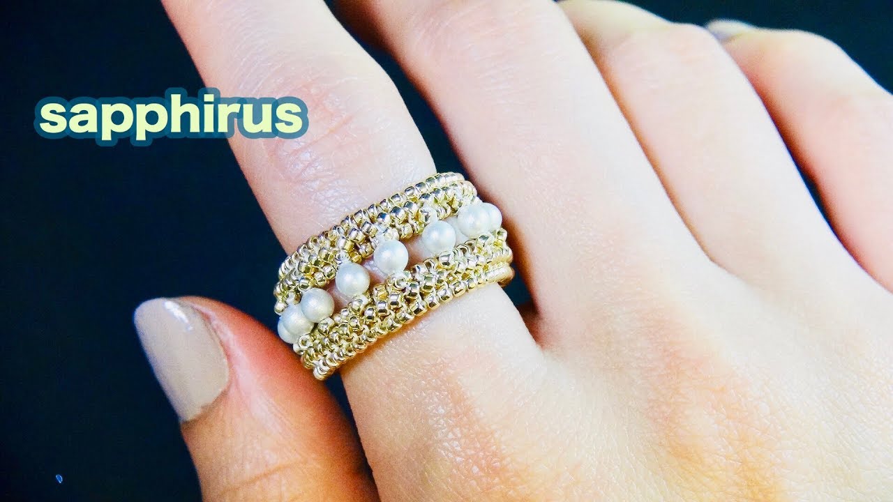 【ビーズステッチ】特小ビーズとパールのリング作り方 ビーズリング How to make a ring *15/0 seed beads and pearls. Herringbone stitch