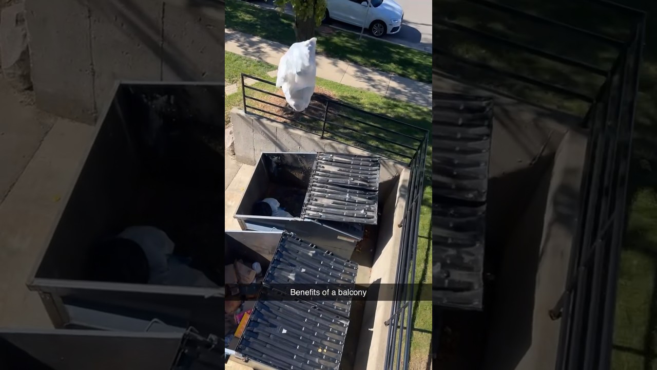 Throwing trash bag off a balcony
