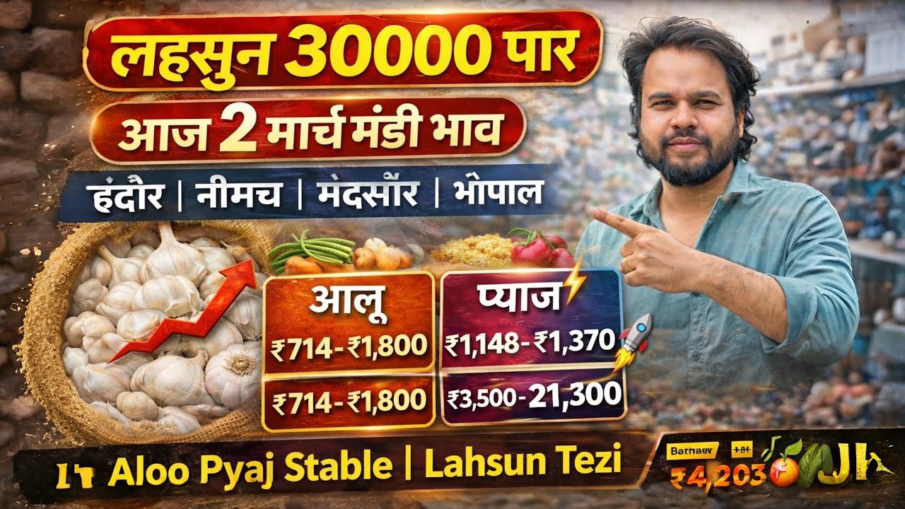 आज 2 मार्च मंडी भाव 🔥 लहसुन 30,000 हाई | आलू प्याज रेट आज | इंदौर, नीमच, भोपाल, मंदसौर