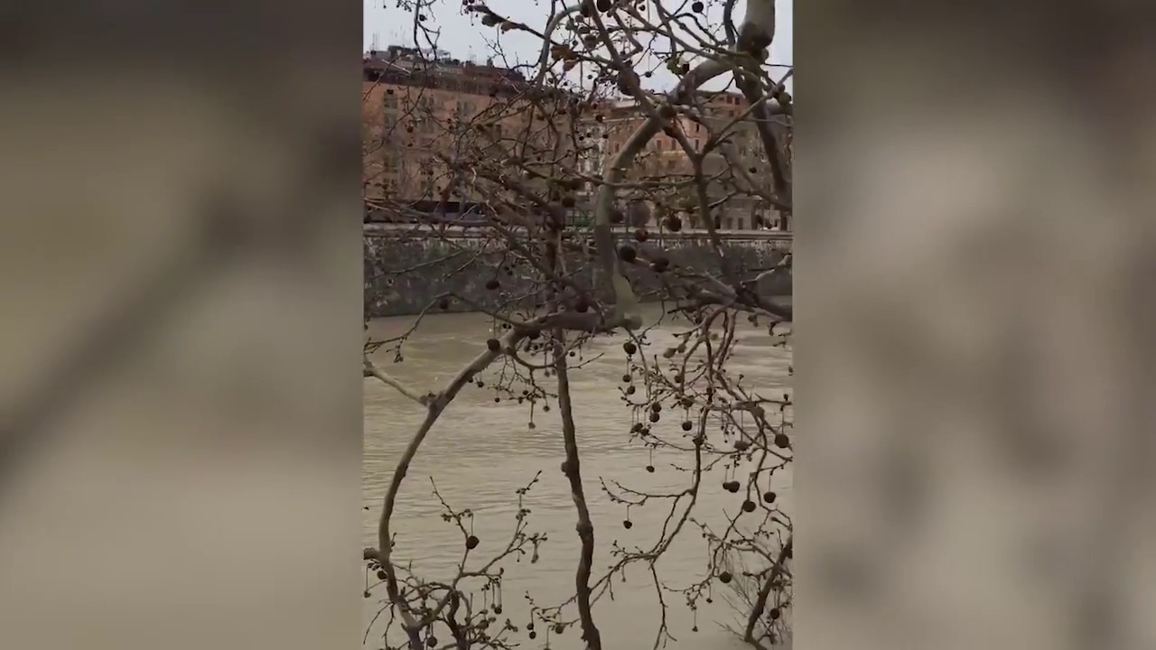 Maltempo, la piena minacciosa del Tevere: l'auto rimasta sulla banchina &egrave; sommersa