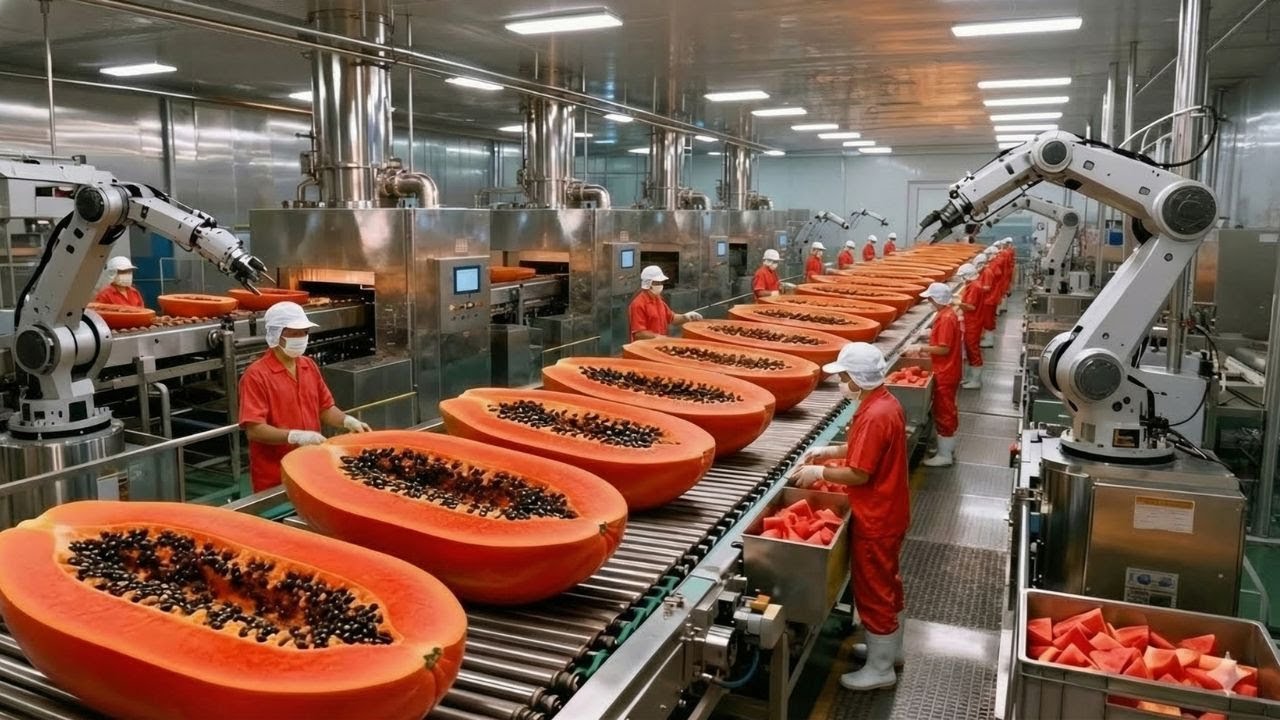 Dentro de una Fábrica Moderna de Papaya De Fruta Fresca a Puré Naranja Perfecto