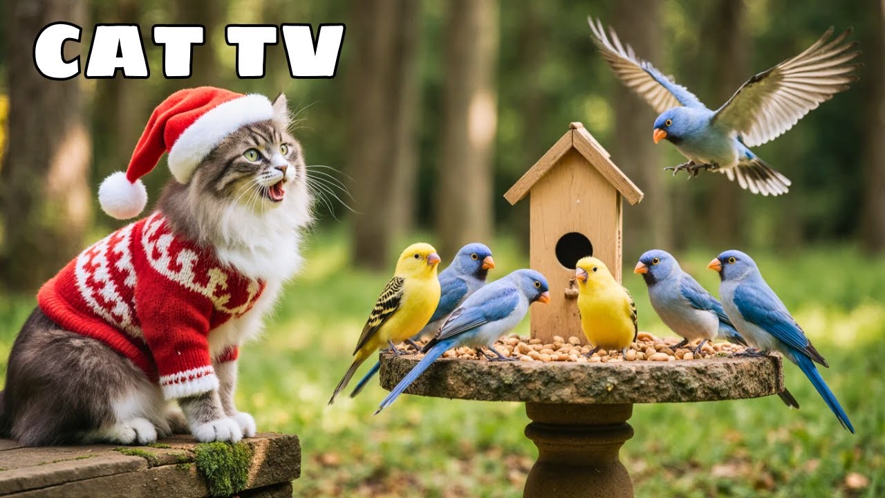 4K HDR CAT TV😻🦜A squirrel joins birds for a simple morning snack