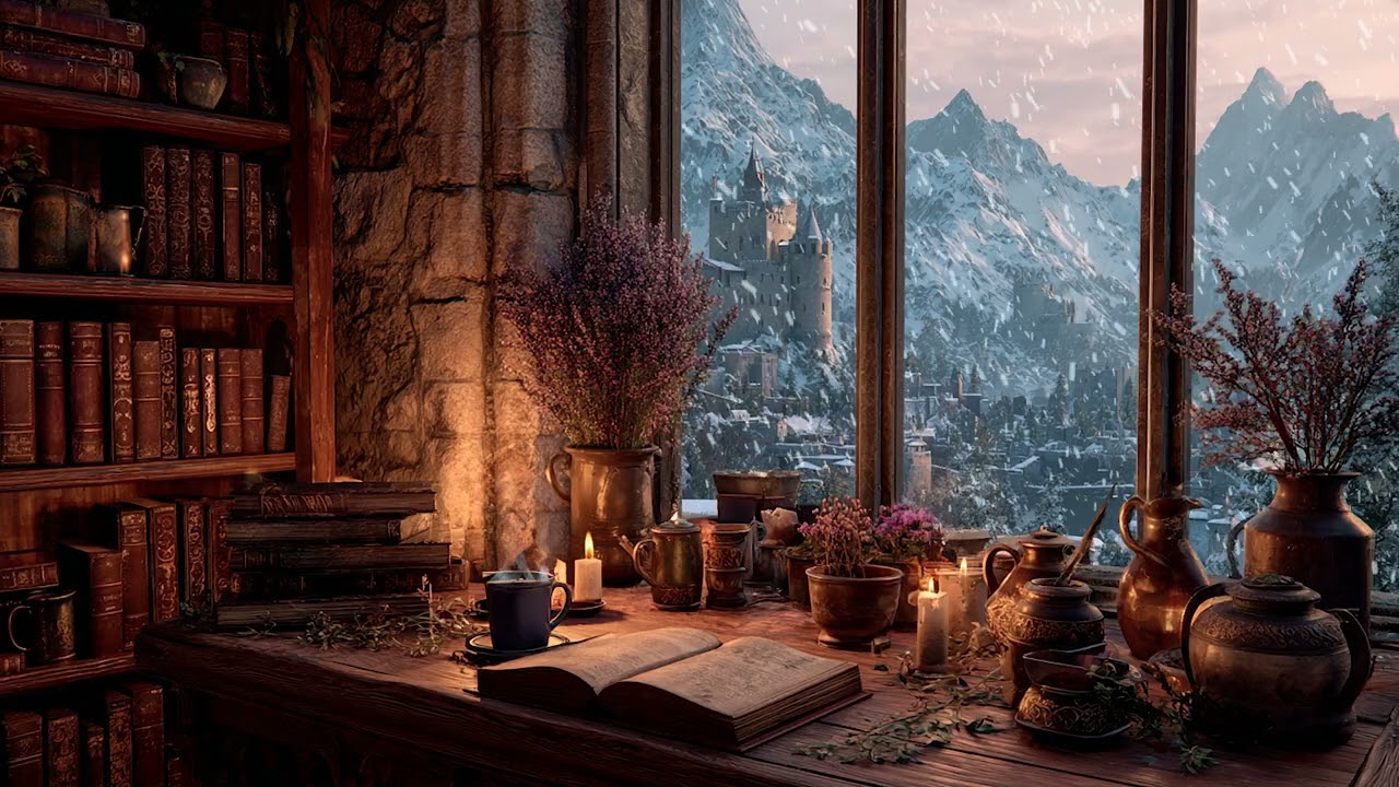 Soft Winter Night Snowfall at a Cozy Window | Calm Fireplace Ambience for Study, Sleep and Relax