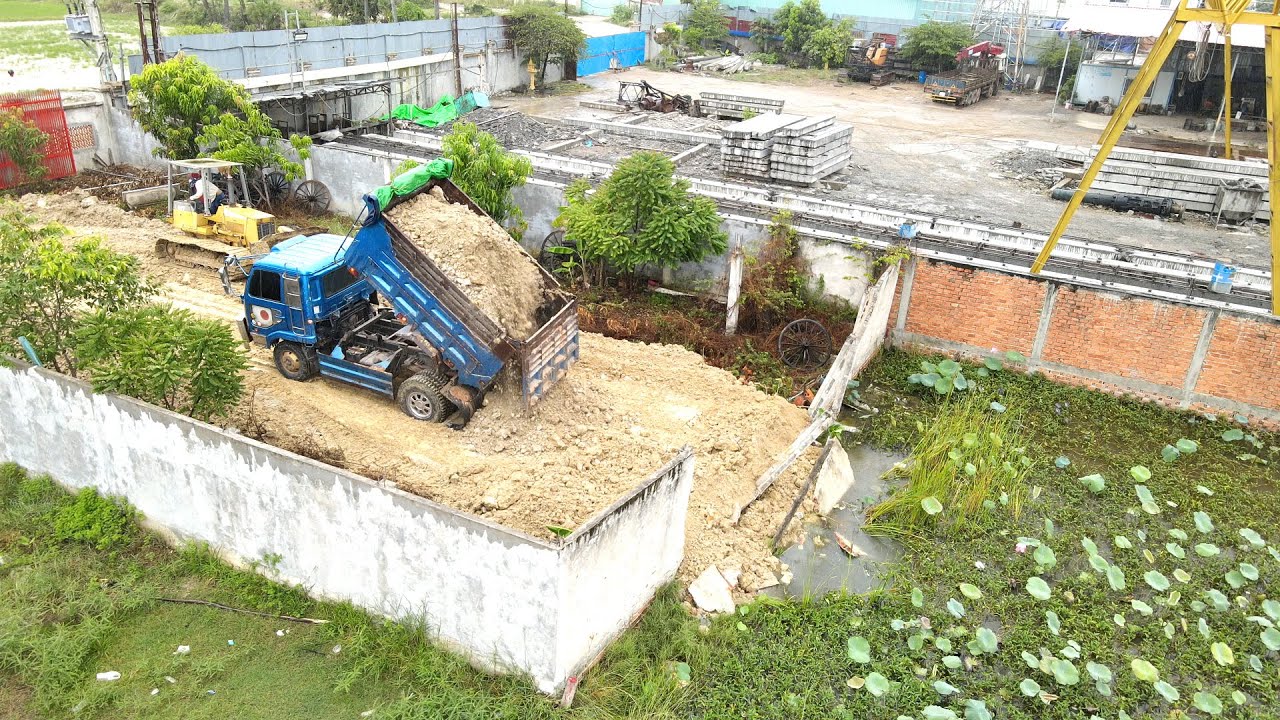 Start Amzing Work!! Bulldozer and Trucks Start To Pushing Rock mix Soil to the Big Lake   But