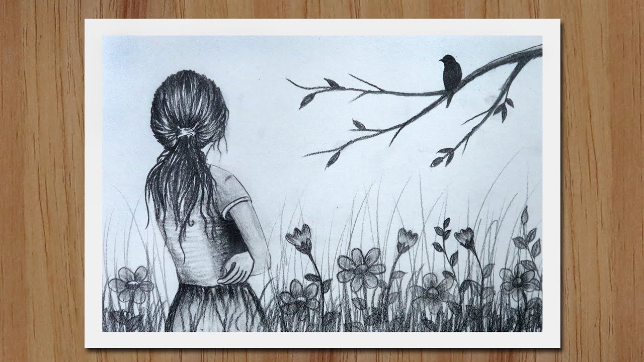 How to draw a Sad Girl in Flower garden with pencil step by step, Drawing for beginners
