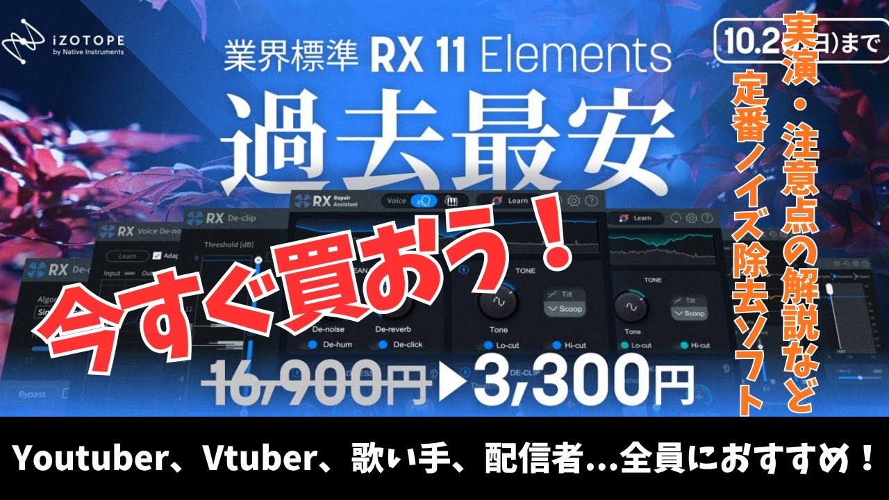 【DTM】定番ノイズ処理ソフト iZotope RX 11 Elementsが過去最安！全員今すぐ買おう【配信者】