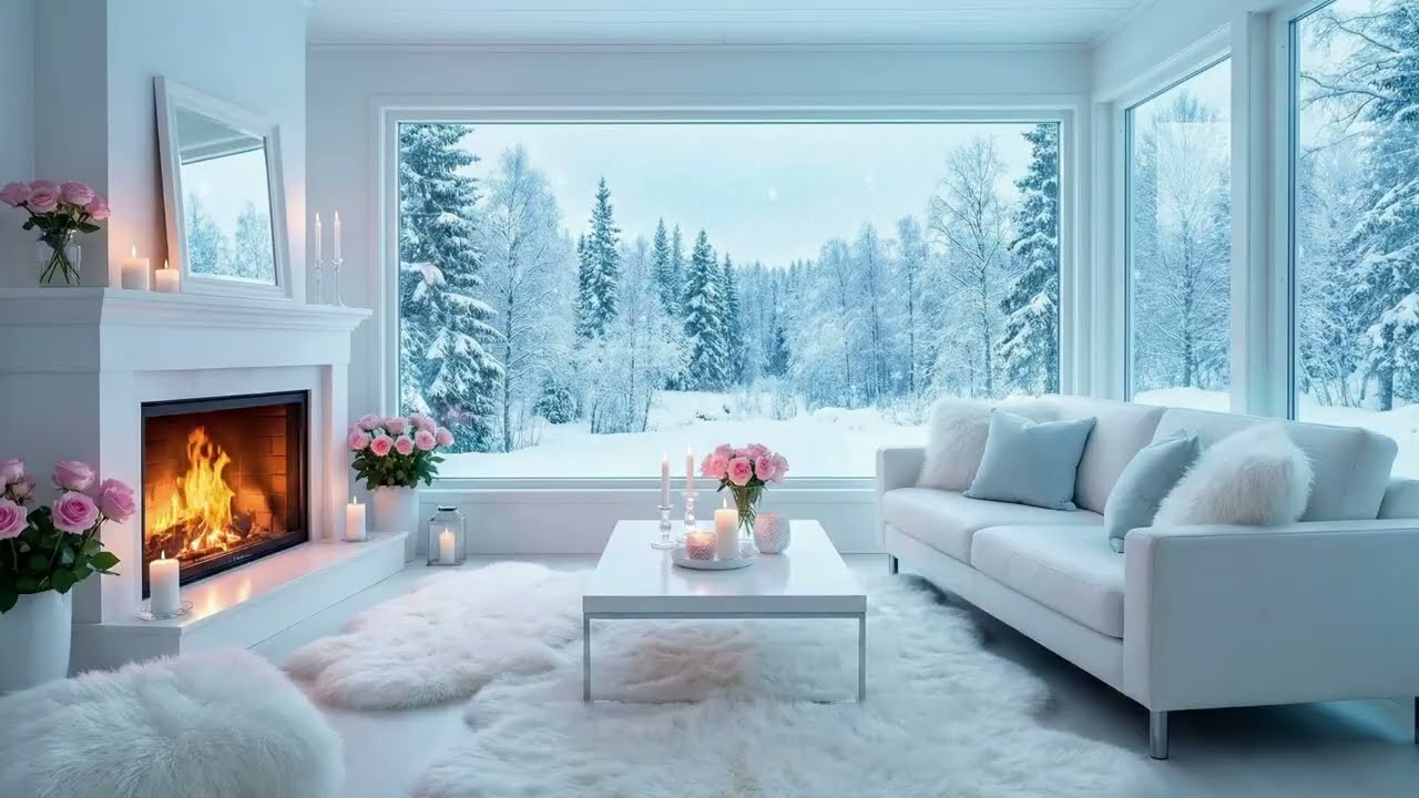 Winter Piano in Cozy White Room ❄️🎹 Snowy Window & Fireplace | 3 Hours Chill Study Relax Meditation