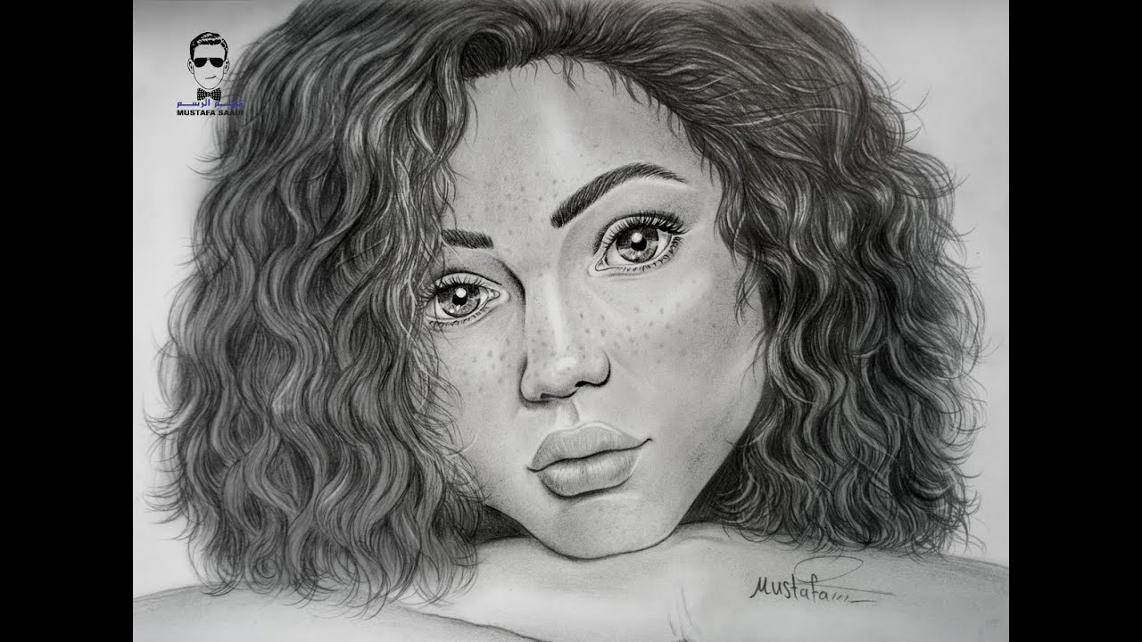 تعليم رسم بورتريه بالرصاص لفتاة سمراء مع الشعر المجعد