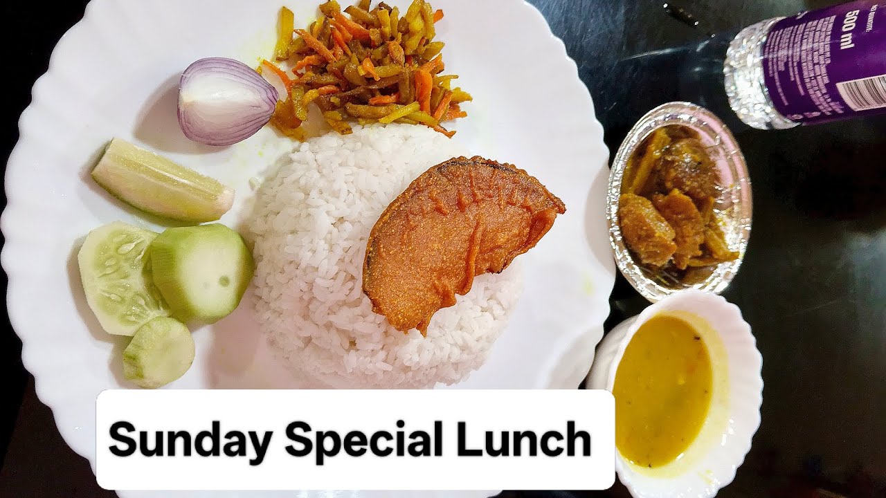 Eating Rice With Dal Alu Gajor Bhaja Kumro Bhaja Niramish Sabji Desi Chiken & Salad