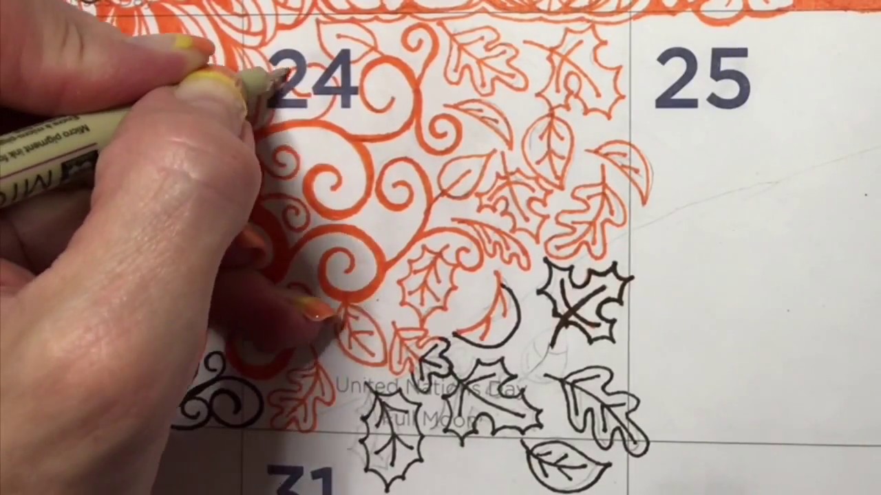 How to Zentangle Fall Leaves into my Giant #Quigtangle Zendoodle for InkTober Day 24