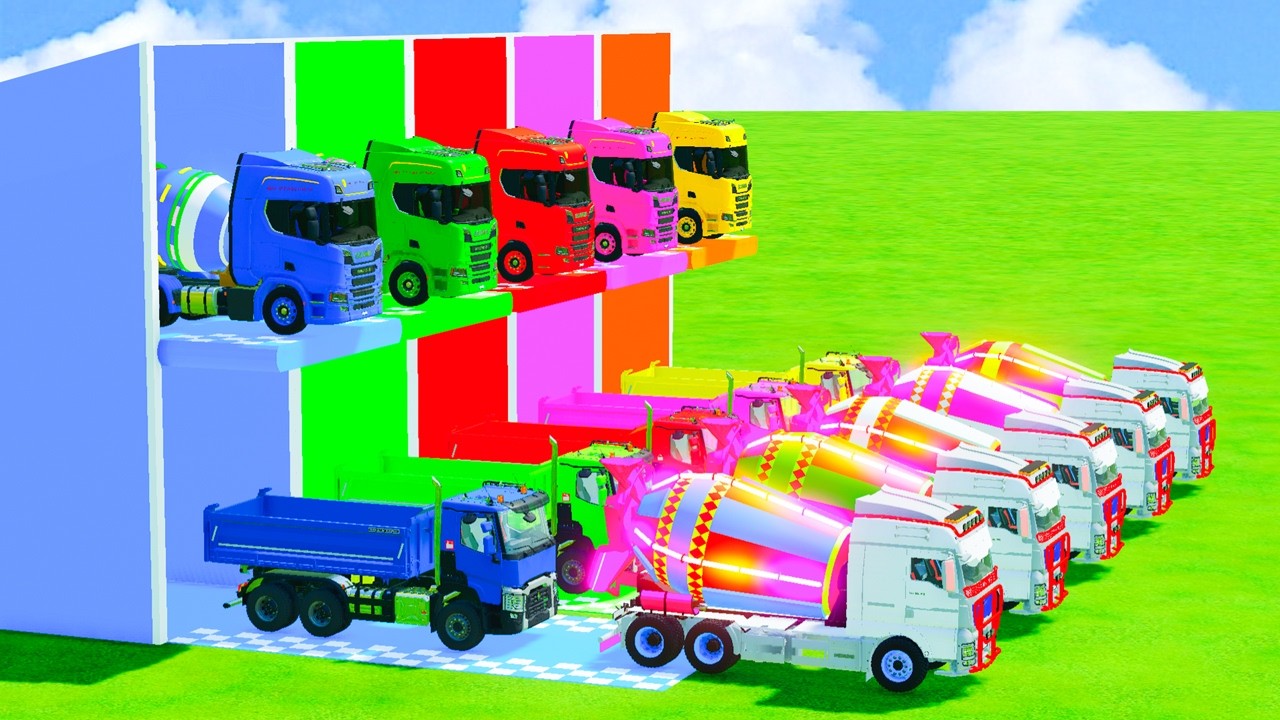 Garage with Colors - ALL MIXER TRUCK WITH DOUBLE FLATBED TRAILER TRUCK, VOLVO, SCANIA, MERCEDES - FS