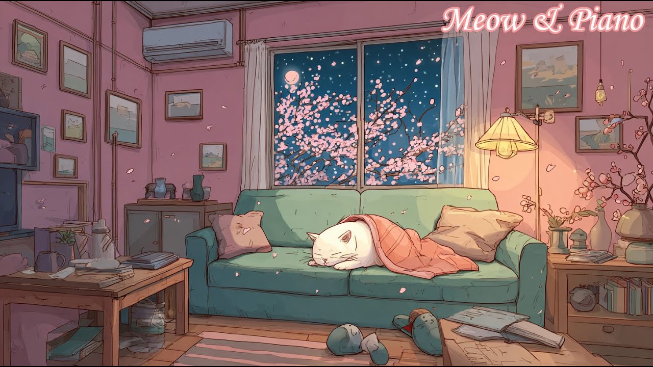 Enjoy a Peaceful Spring Night with a Little Cat | Gentle Piano Music for Relaxation and Focus