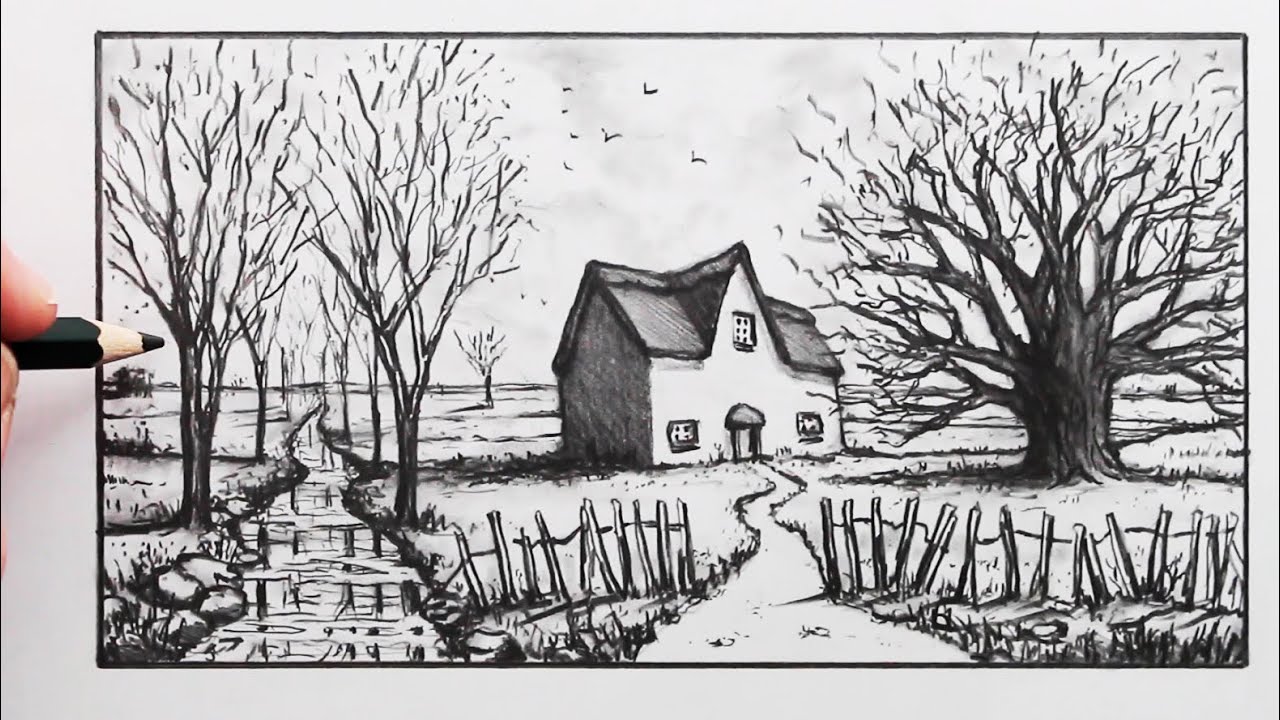 How to Draw a Cottage in a Landscape
