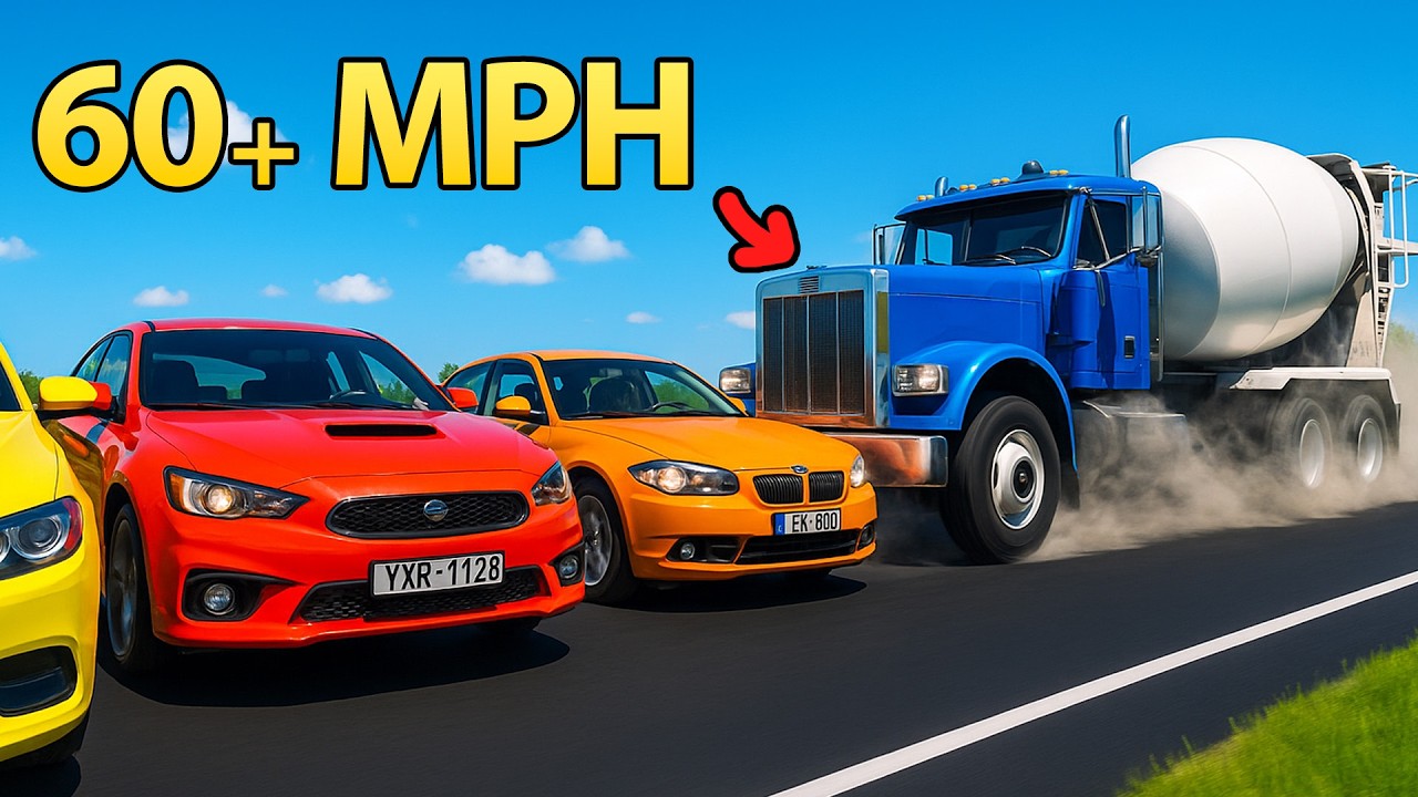 10 Cars vs 27,734lbs Cement Truck!