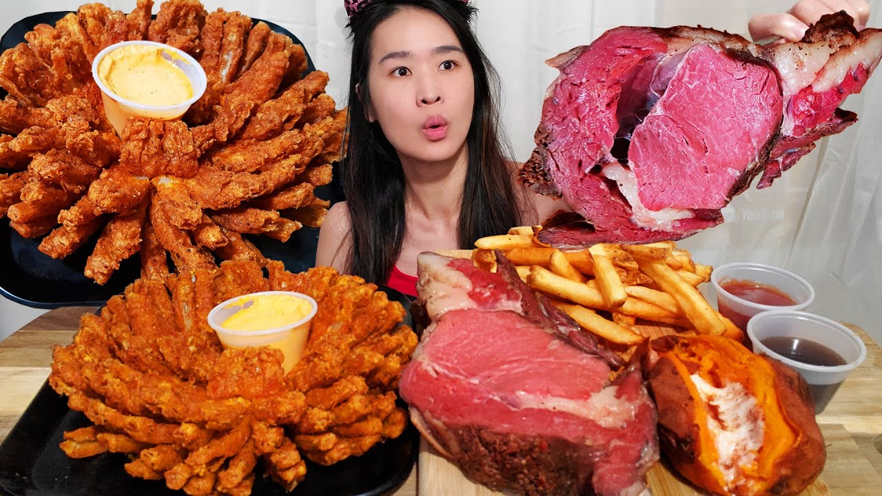 HUGE PRIME RIB MUKBANG! Outback Steakhouse Slow Roasted Steak & Bloomin' Onion - Eating Beef ASMR