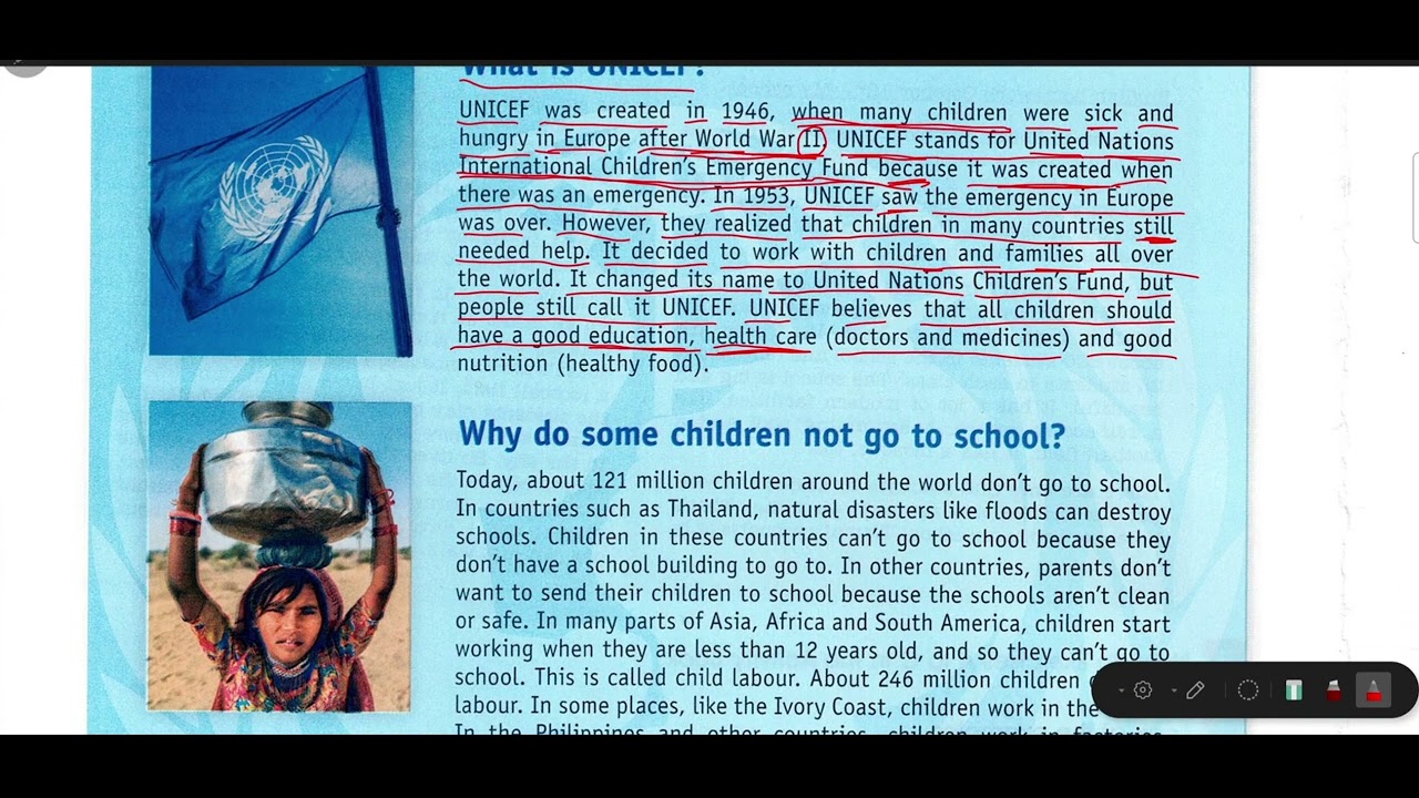 قطعة UNICEF  اليونسيف للصف الرابع العلمي، الوحده الثانية. قراءة وشرح وترجمة بشكل مفصل