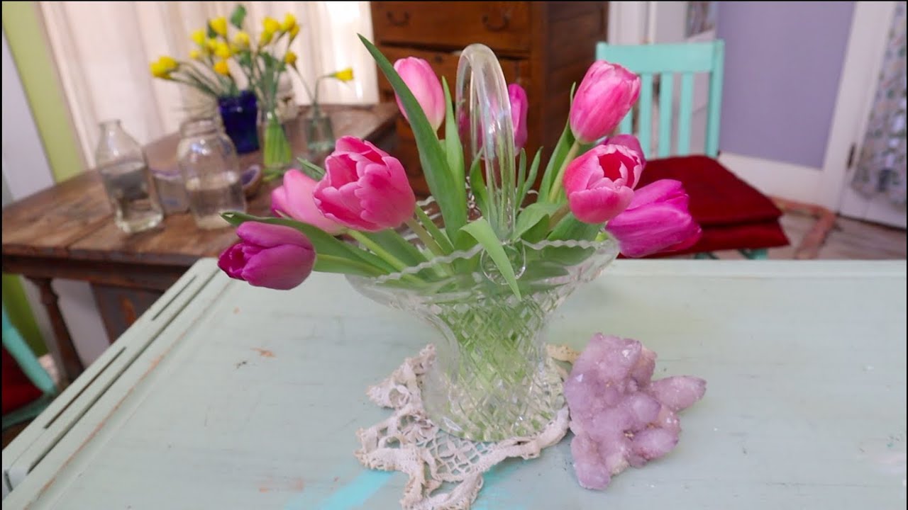 Tulips in a cut glass basket with Spirit crystal accent