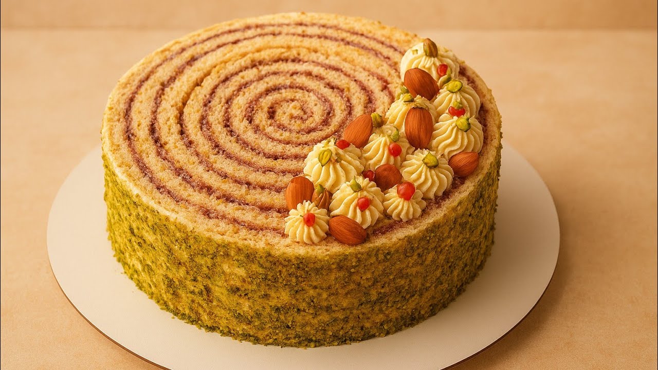 رول کیک پسته و تمشک | Pistachio Roll Cake Recipe | 