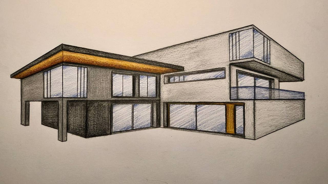 #022  - How to Draw a Modern House in 2-Point Perspective